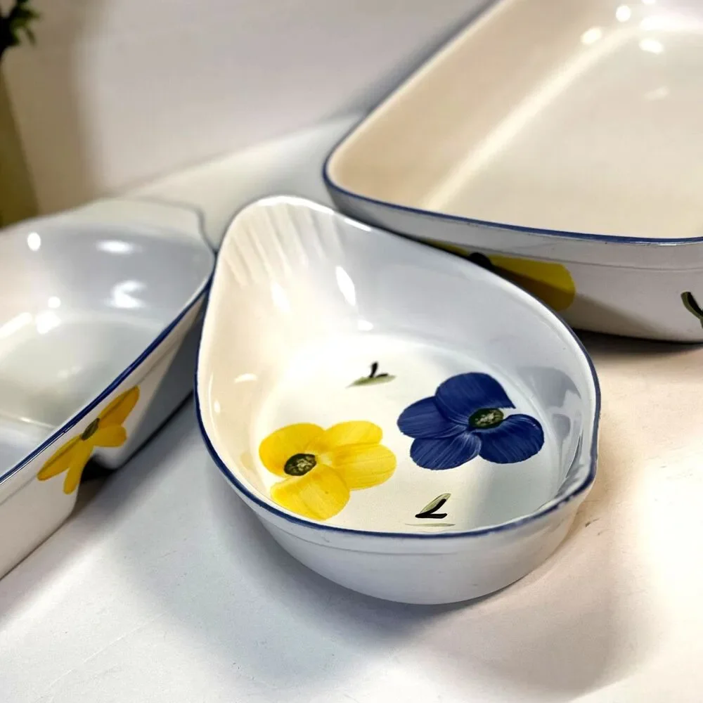 Hand Painted Portuguese Bakeware Floral Blue Yellow Divided Baker Oven To Table